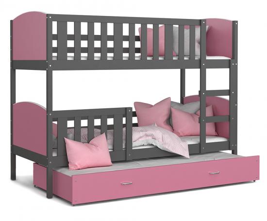 Detská poschodová posteľ TAMI 3 90x200 cm so šedou konštrukciou v ružovej farbe s prístelkou